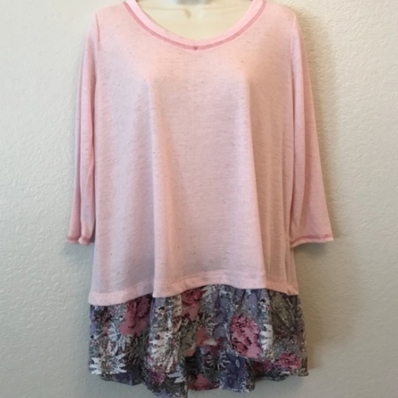 Oddy Pink Slub Knot Top with Floral Ruffle Hem - Picture 3 of 6